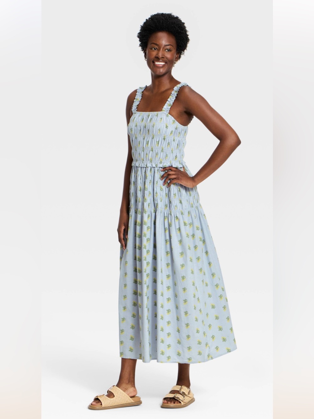 NWT Blue Floral Smocked Midi Dress